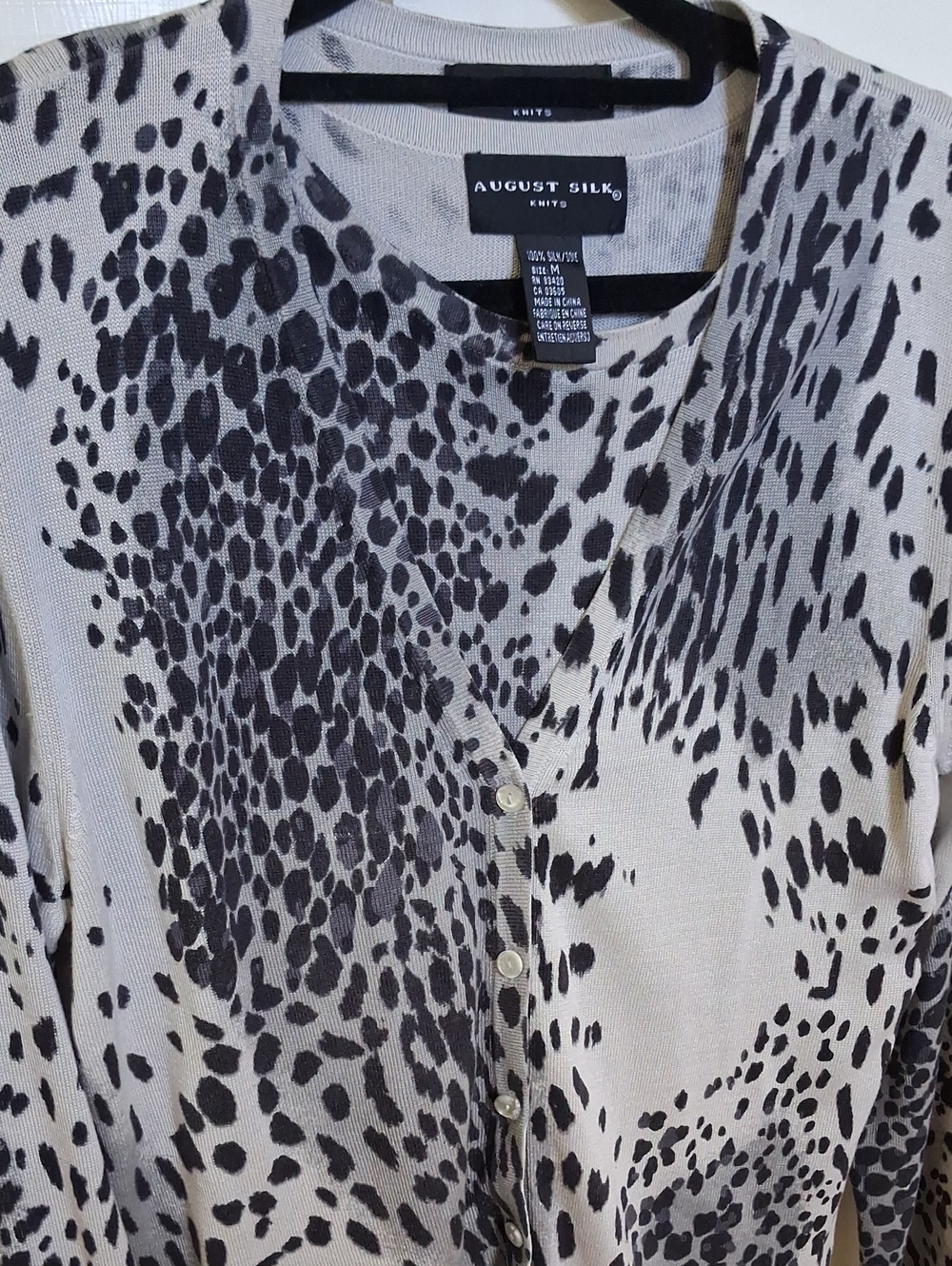 August Silk Grey Blue And Espresso Black Animal Print Cardigan Twin Set M